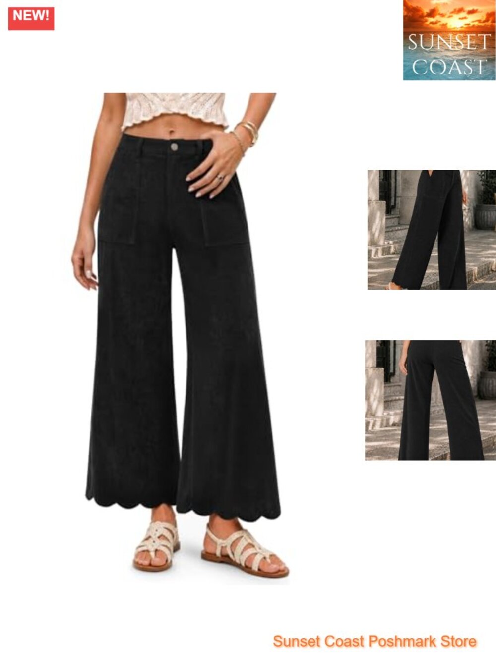 Wide Leg Corduroy Pants High Rise Scalloped Hem with Pockets